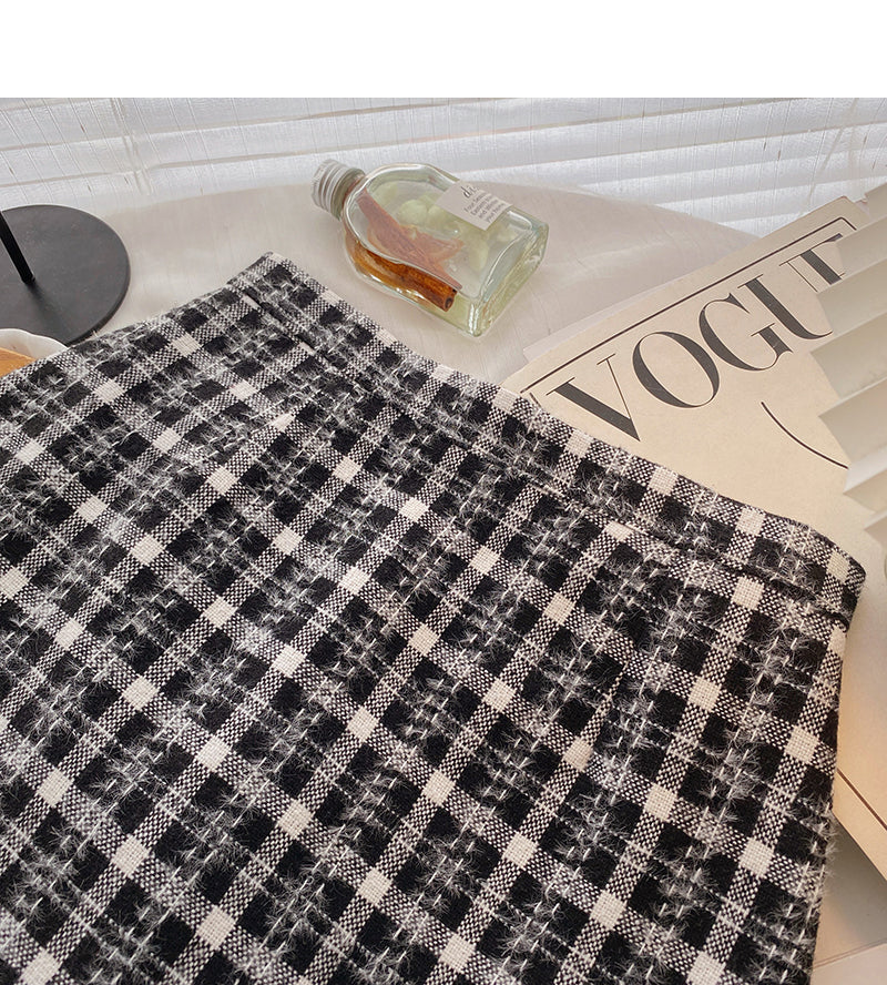 Age reducing Retro High Waist tweed plaid skirt 5505