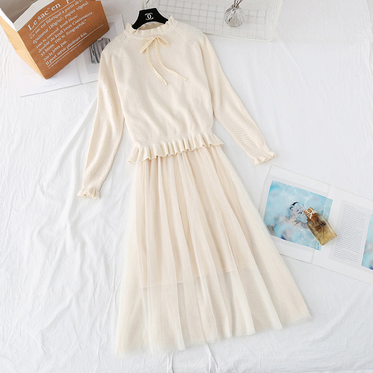 Ruffle knit dress suspender mesh skirt 4360