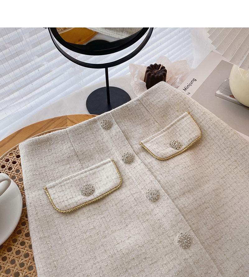 Vintage diamond studded single breasted high waist Plaid A-line skirt 5402