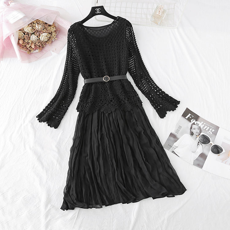 Hollowed out lace blouse Chiffon Dress 4010