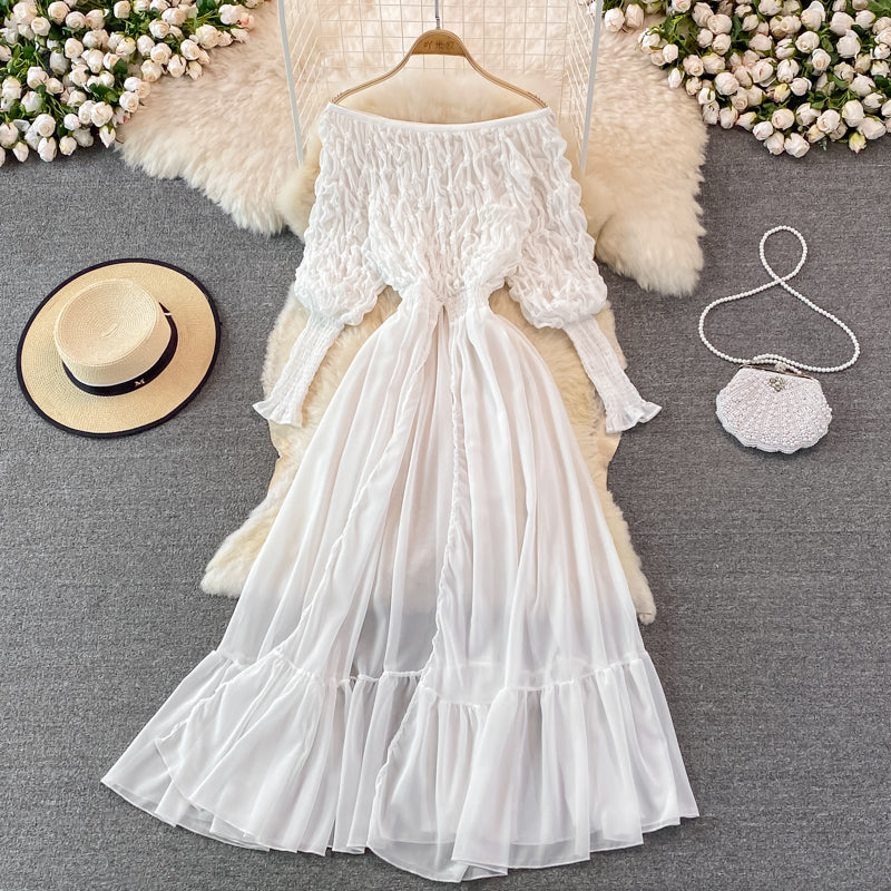 High waist slim long skirt with lantern sleeves and large swing 3778