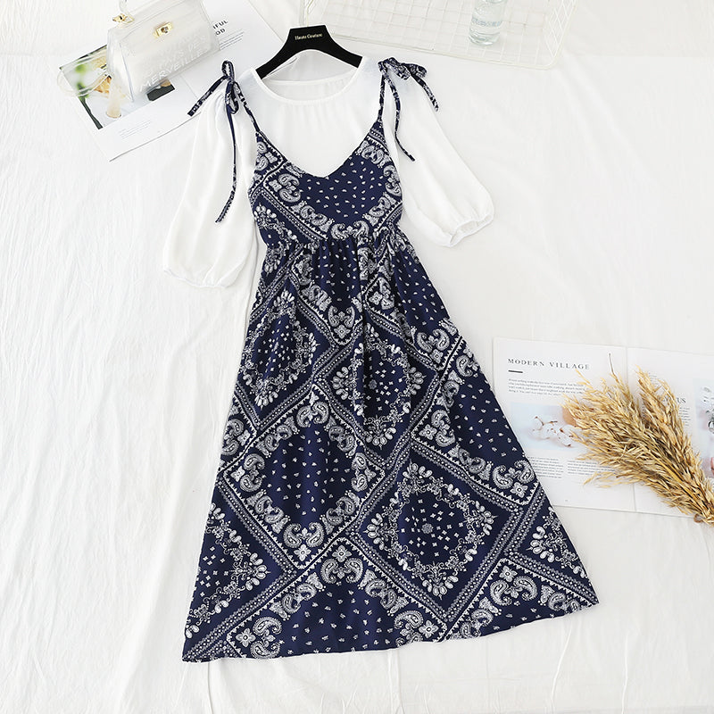 New national style suspender skirt chiffon shirt two piece suit 4692