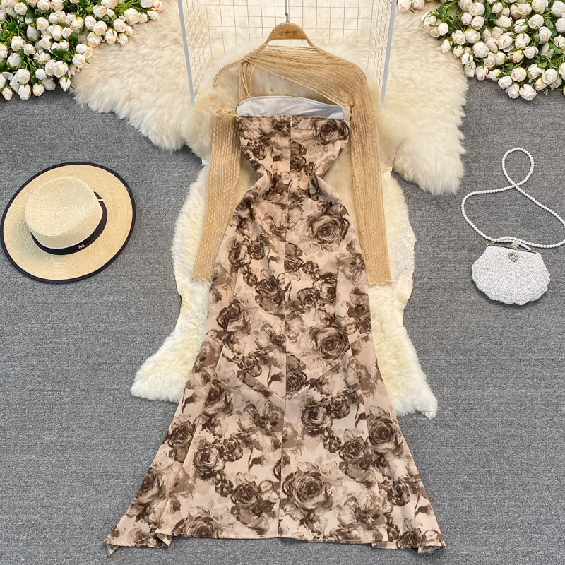 French fairy skirt super fairy rose printing gentle wind split skirt 3745