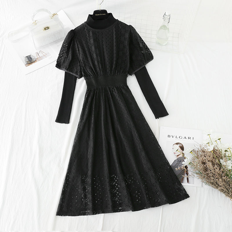 Lace dress fashion trend women's knitted half high collar inner match 4907