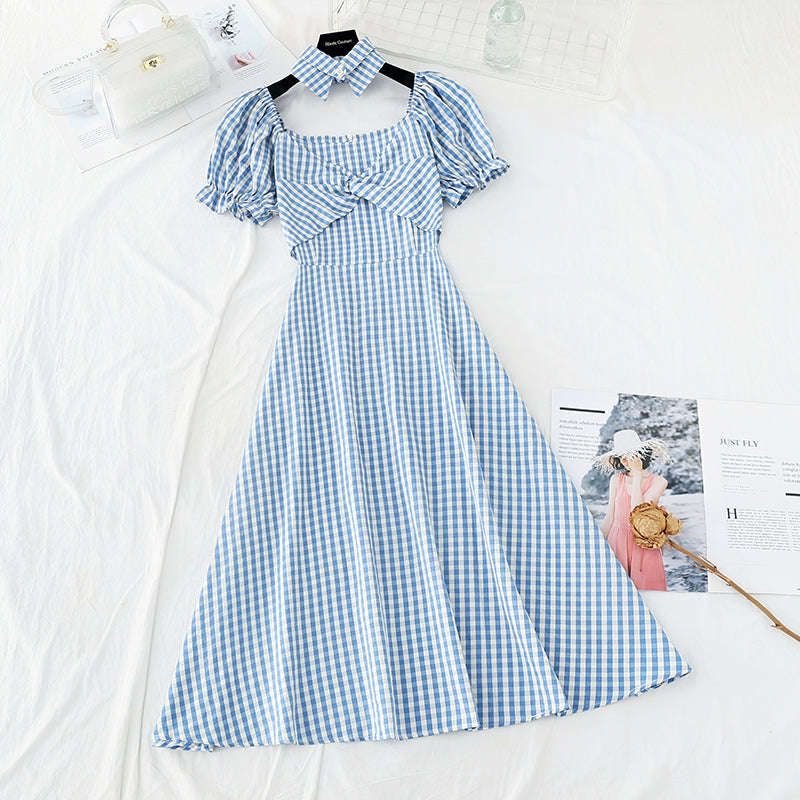 Narrow waist, thin temperament, bubble sleeve design, minority French retro plaid skirt 4214