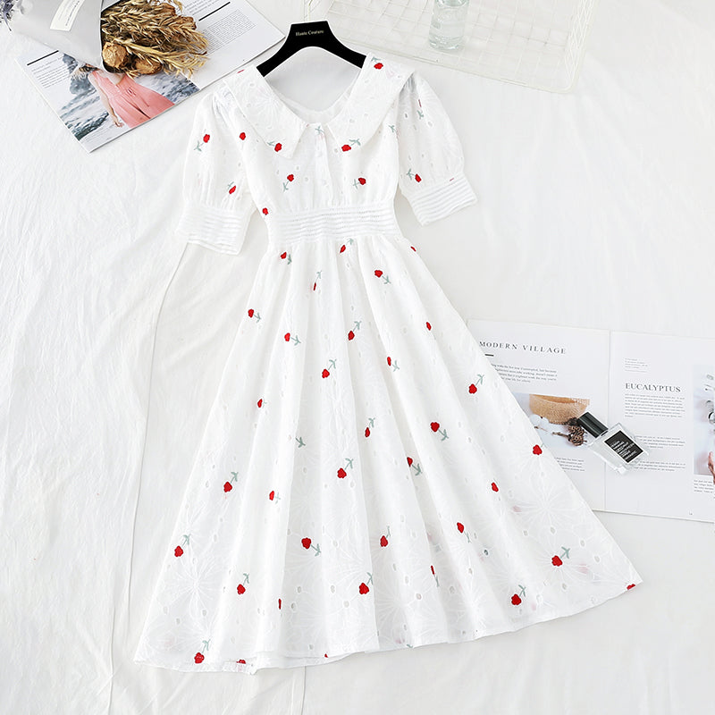 White cotton linen doll collar dress 4203