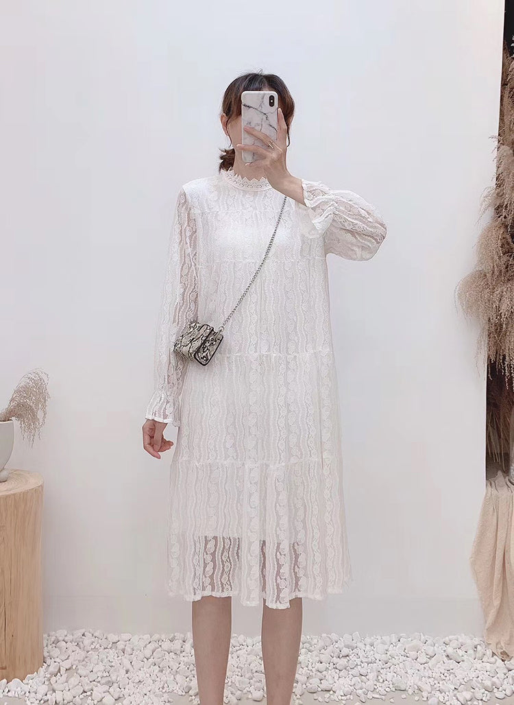 Hollow out lace long sleeve round neck high waist thin Fairy Dress 3872