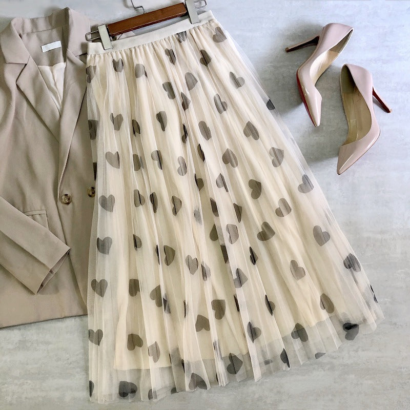 Fairy dress with love print, casual pleated skirt 3706