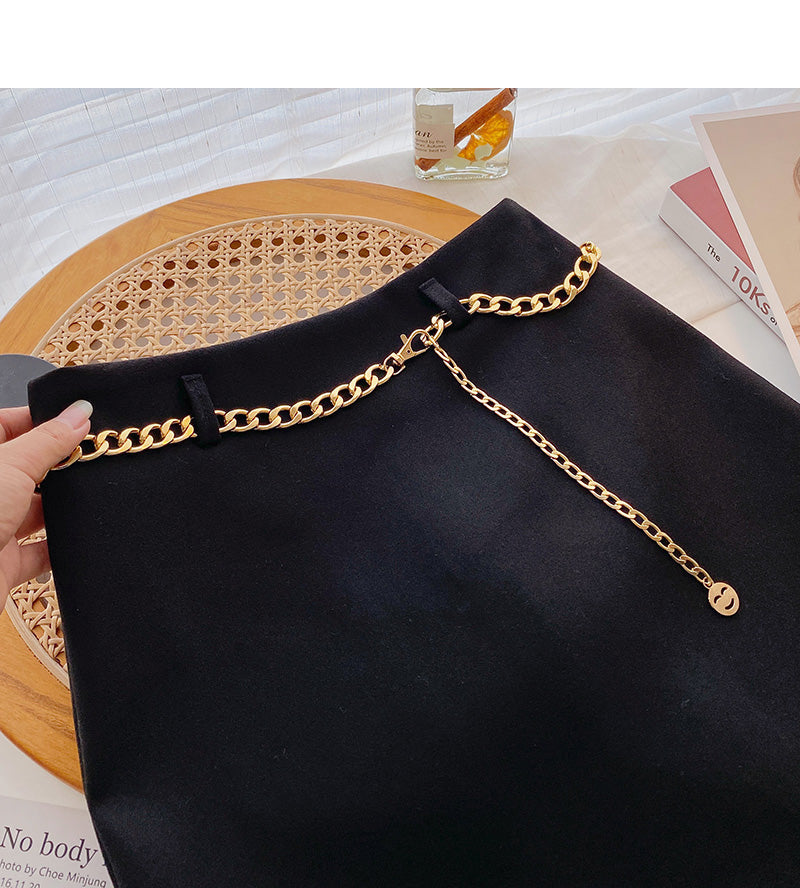 Fashion simple temperament solid color high waist skirt with chain 5469