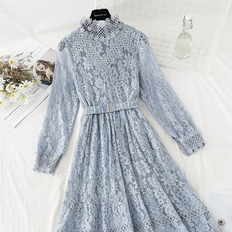 Stitched lace dress gentle style slim temperament bottomed skirt women 4094