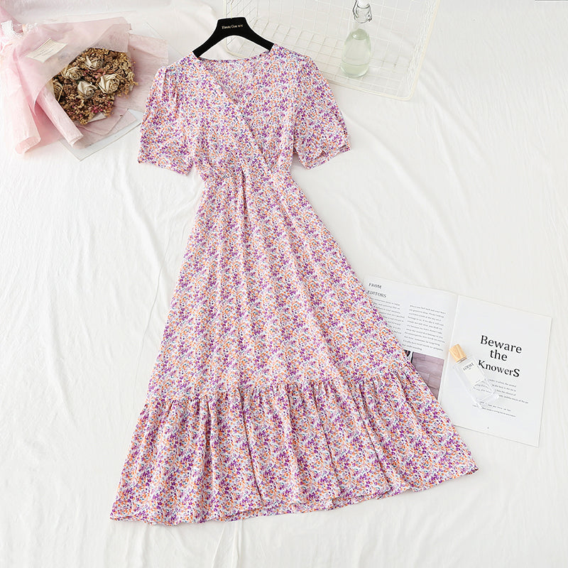 Floral Chiffon Dress gentle wind long skirt sweet V-neck 4859