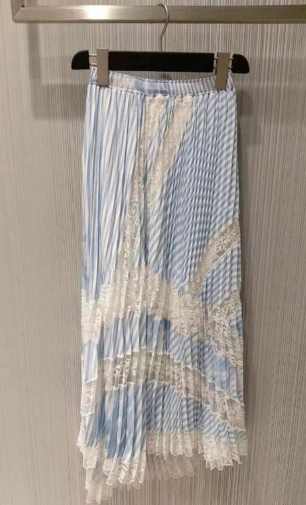 Spring and summer, new style, high waist color patchwork stripes pleated skirt, lace embroidery patchwork long skirt 3640