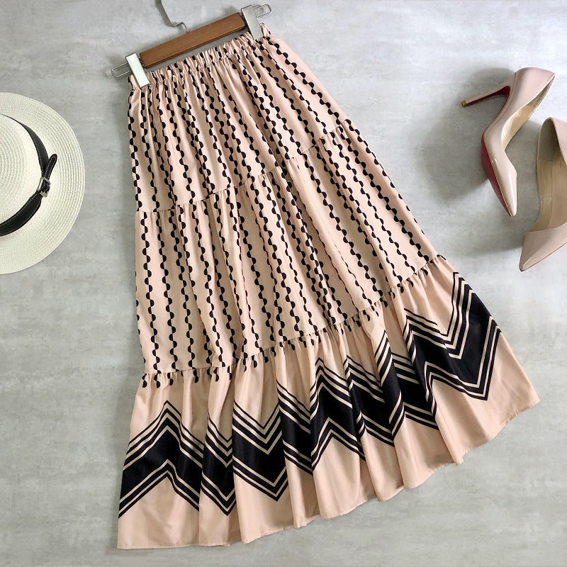 Spring skirt, spliced polka-dot flounce cake skirt, long skirt, wavy A-line skirt 3692