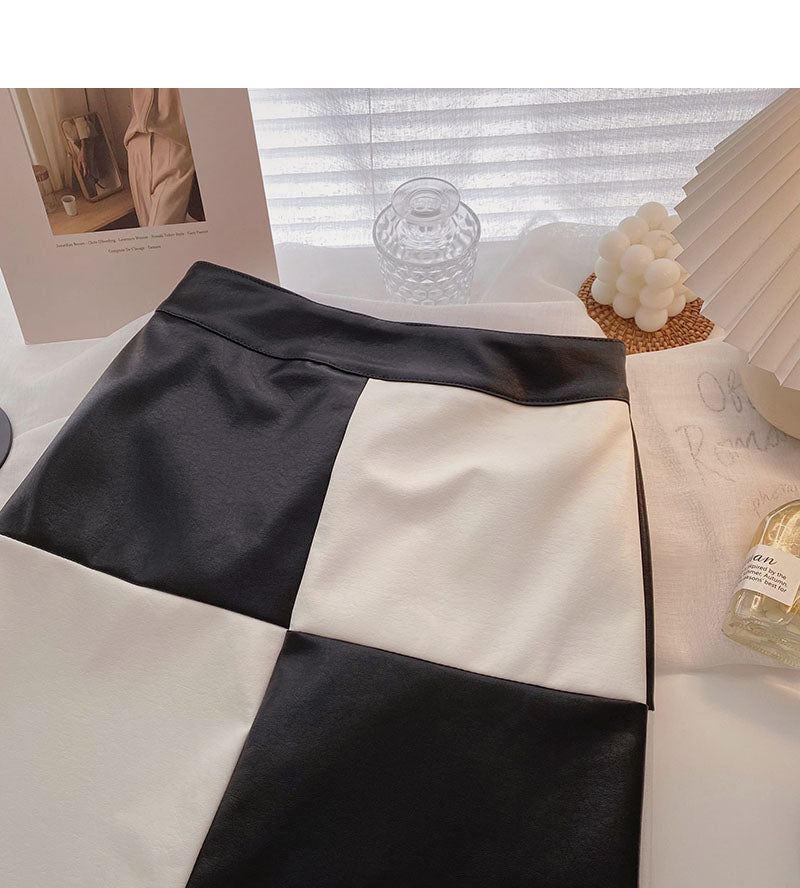 Check color blocking high waist design Hip Wrap Skirt 5410