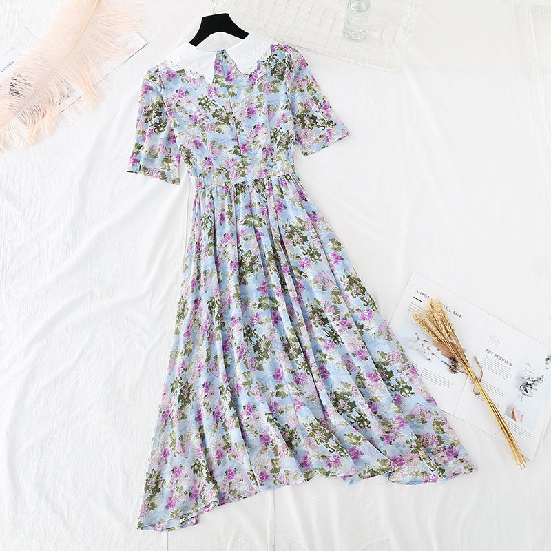 Irregular cross neck long cut-out waist closing thin Chiffon Dress 4687