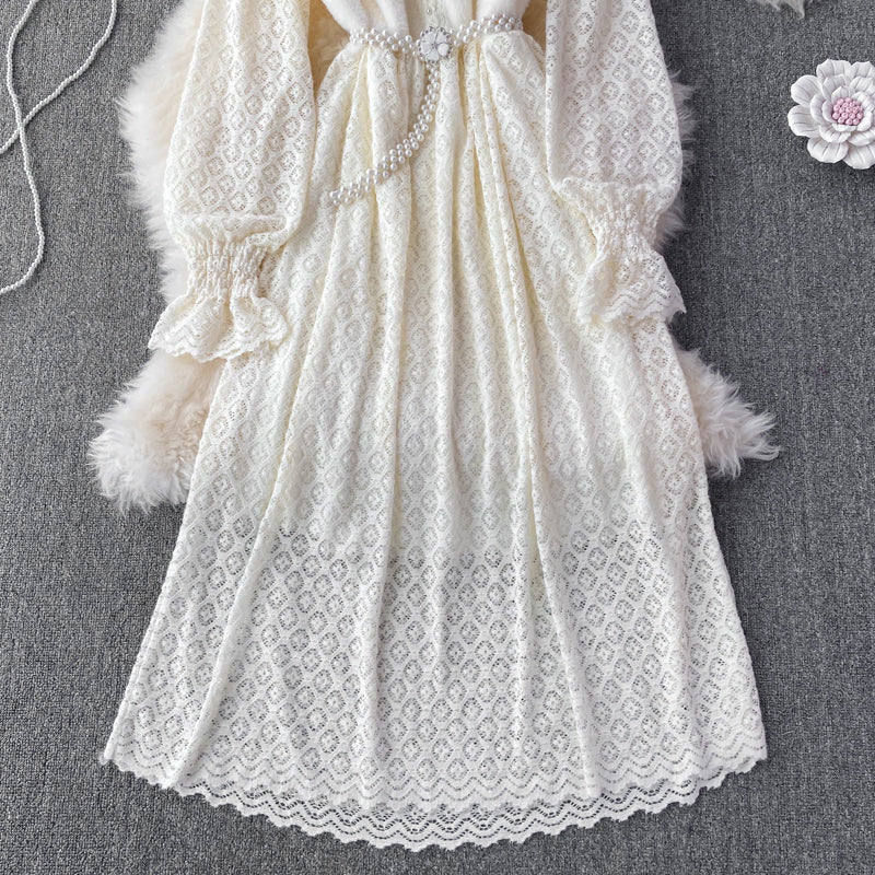 Mink quilted stand collar brushed lace dress 3748