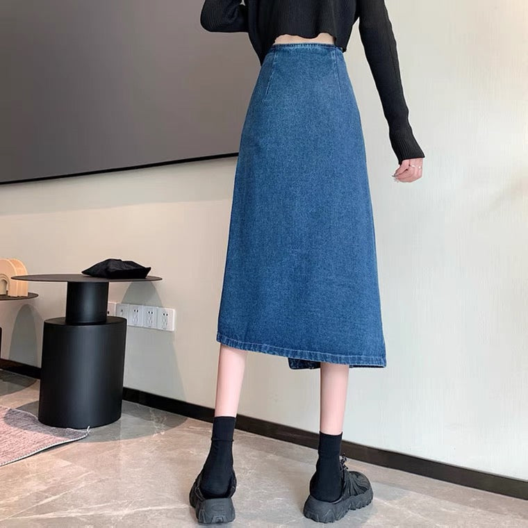 Split jean skirt, new high waist, irregular long skirt 3663