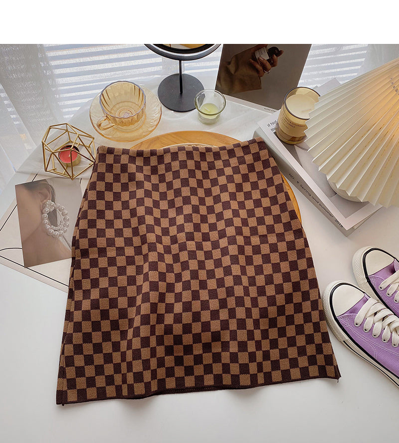 Net red retro chessboard pattern High Waist Hip Wrap Skirt 5536