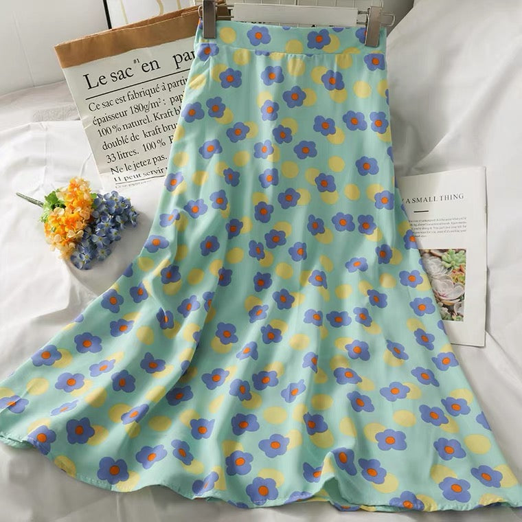 Jupe longue taille haute, imprimé fleuri, coupe trapèze, vent doux 3629