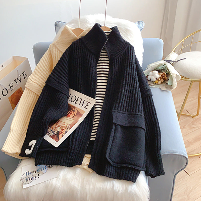 High neck zipper large pocket design sweater coat 5190