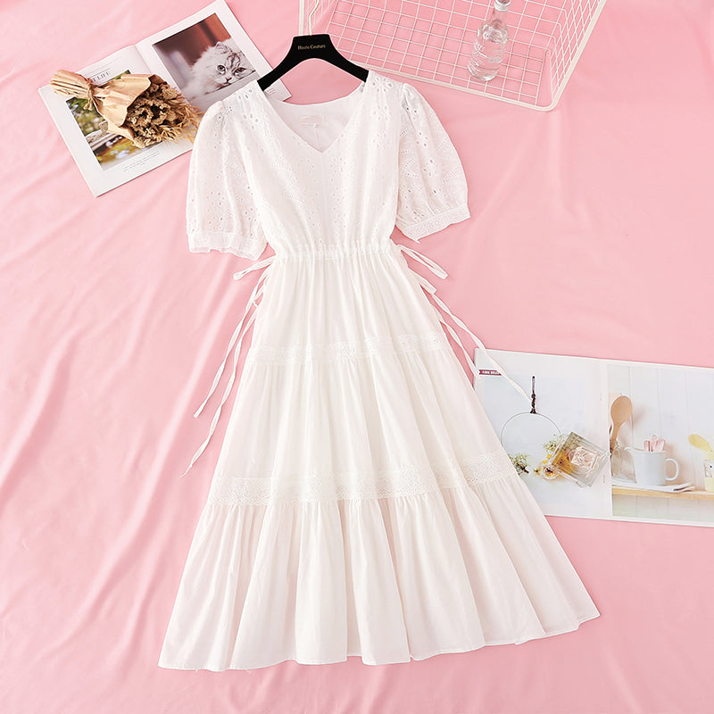 New hollow out Crochet skirt bubble sleeve French fairy dress 4510