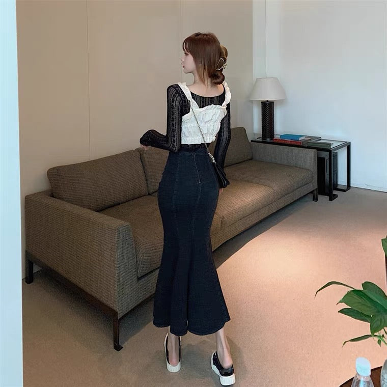 Fashion Mermaid Skirt, New Style, High Waist, Midi Hip Skirt, Vintage Denim Skirt 3570