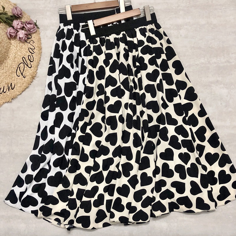 Summer skirt, heart print A-line skirt, cotton drape midi umbrella skirt 3676