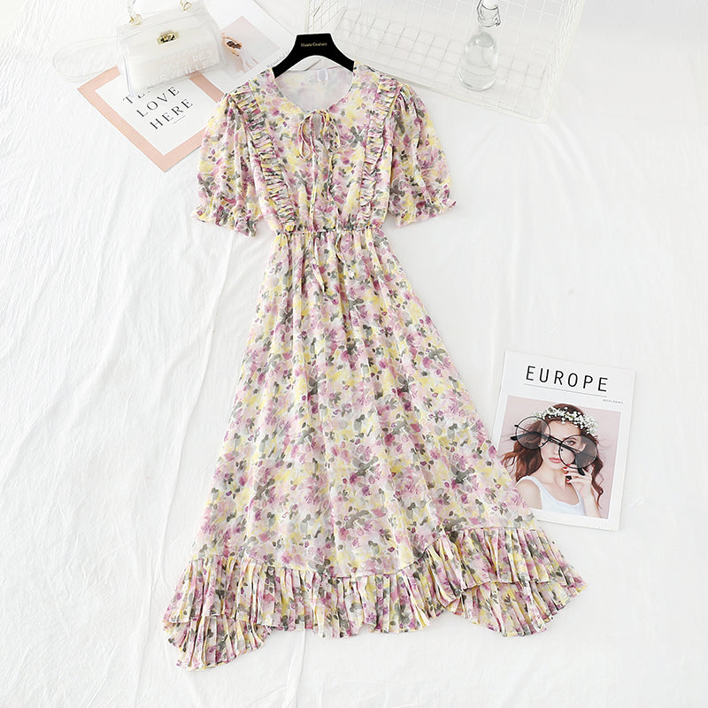 New gentle wind fairy waist closing thin Bubble Sleeve Chiffon Skirt 4624