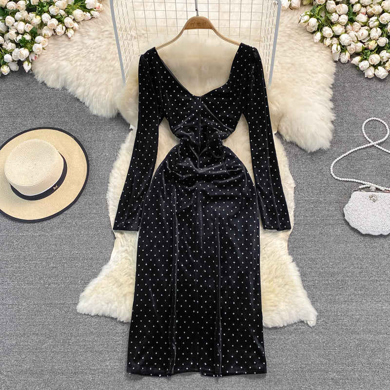 Langarm Slim Fit Hot Drill hochwertiges enges Hüftwickelkleid 3723