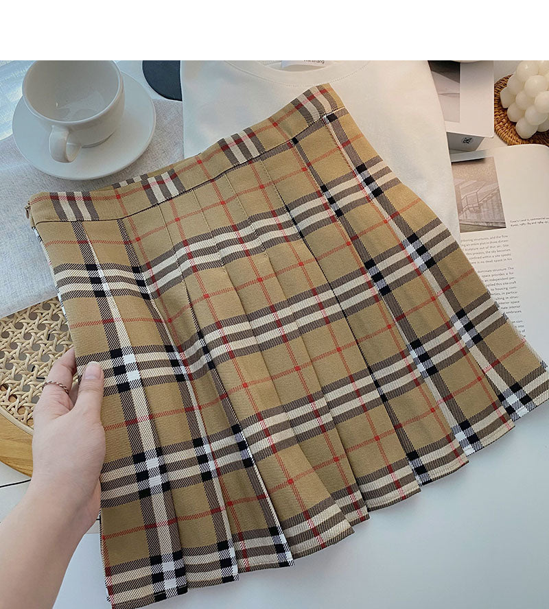 Plaid pleated skirt women's age reducing high waist A-line skirt 5435