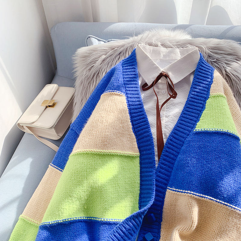 Color striped cardigan sweater fruit sweater coat 4959