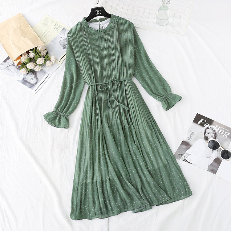 Sanfter Wind Französisches Retro-Chiffonkleid mit Wellenspitze Damen 3986