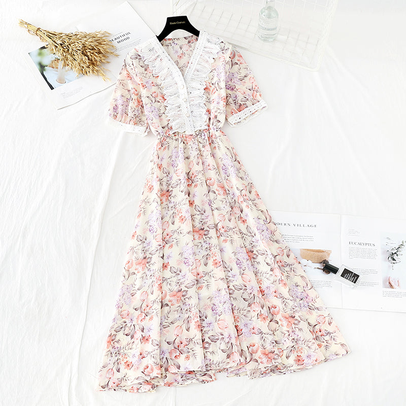 New soft wind floral skirt, slim waist, French minority dress 4643