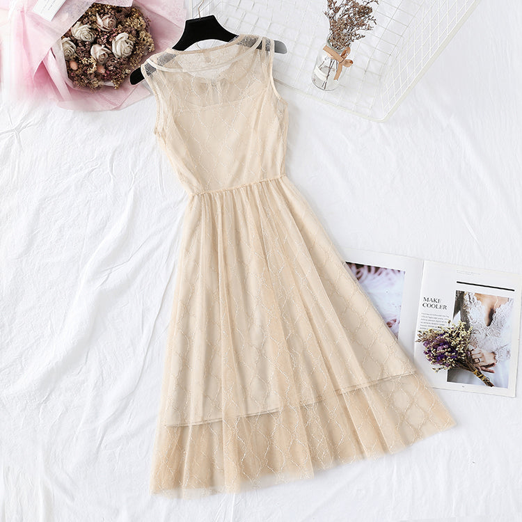 National style mesh dress retro suspender skirt 4348