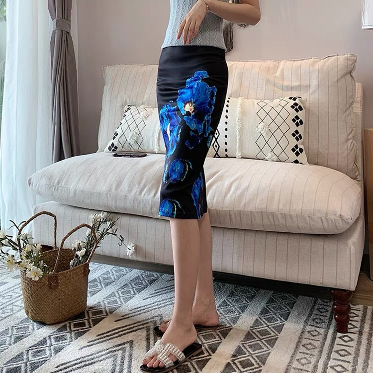 New style, high Fanny bodycon print skirt, ink painting slit stretch skirt 3536