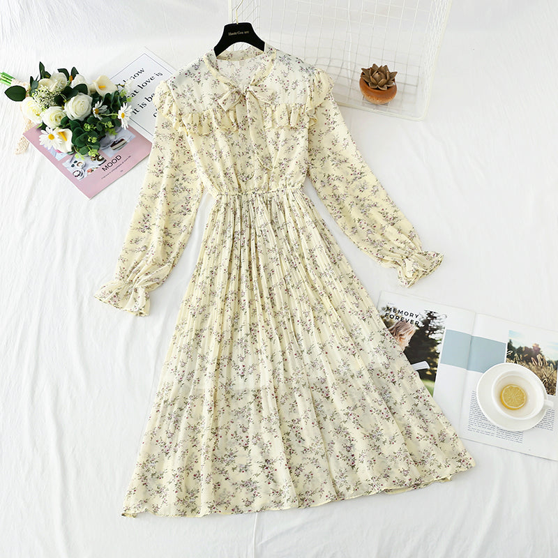 Bow chiffon dress shows thin temperament, slim pleated floral skirt 4089