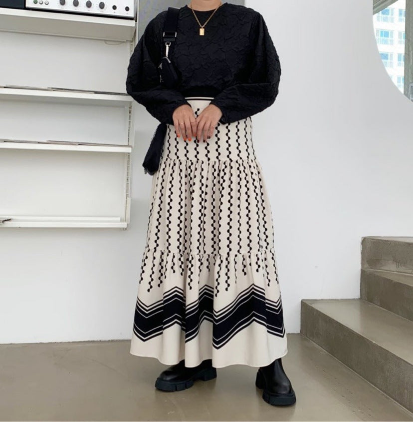 Neuer Rock, genähter Rock mit Retro-Tupfenmuster, langer Kuchenrock mit Wellenmuster und hoher Taille 3678