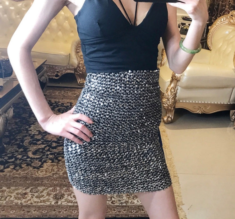 Spring and summer, blingbling sequins, elastic and versatile, slim and buttock skirt 3682