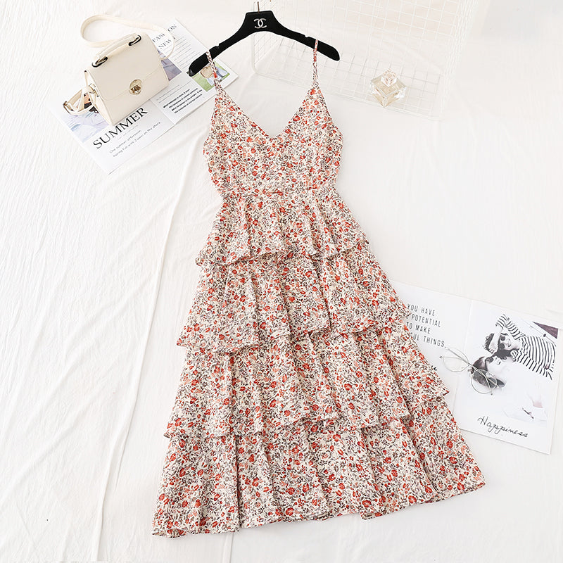 Floral suspender dress with a slim waist 4112