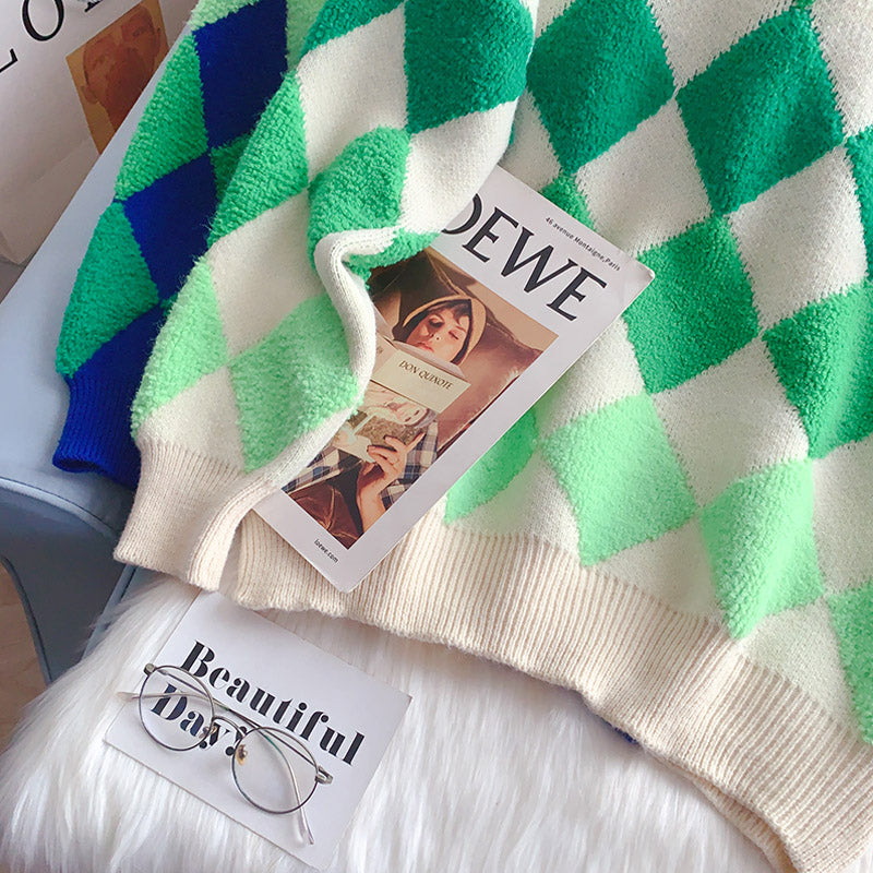 Japanese lazy flocked rhomboid sweater 4994