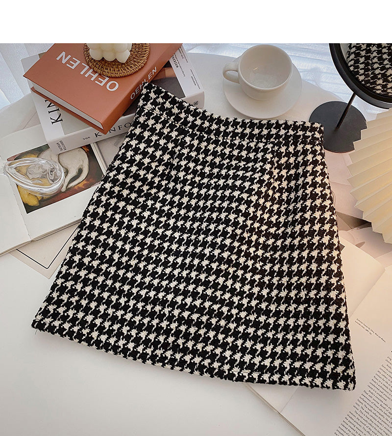 Retro Hong Kong flavor thousand bird lattice thin short skirt women's wear 5297