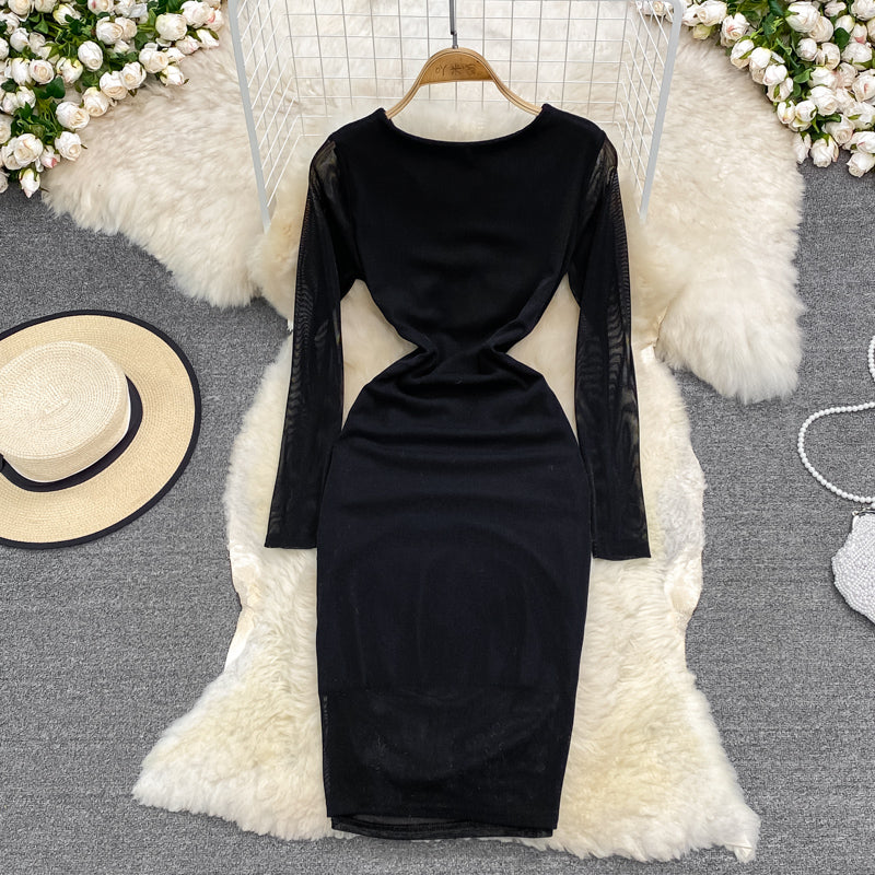 Sexy Hong Kong Style zipper split hip long sleeve V-neck dress 3788