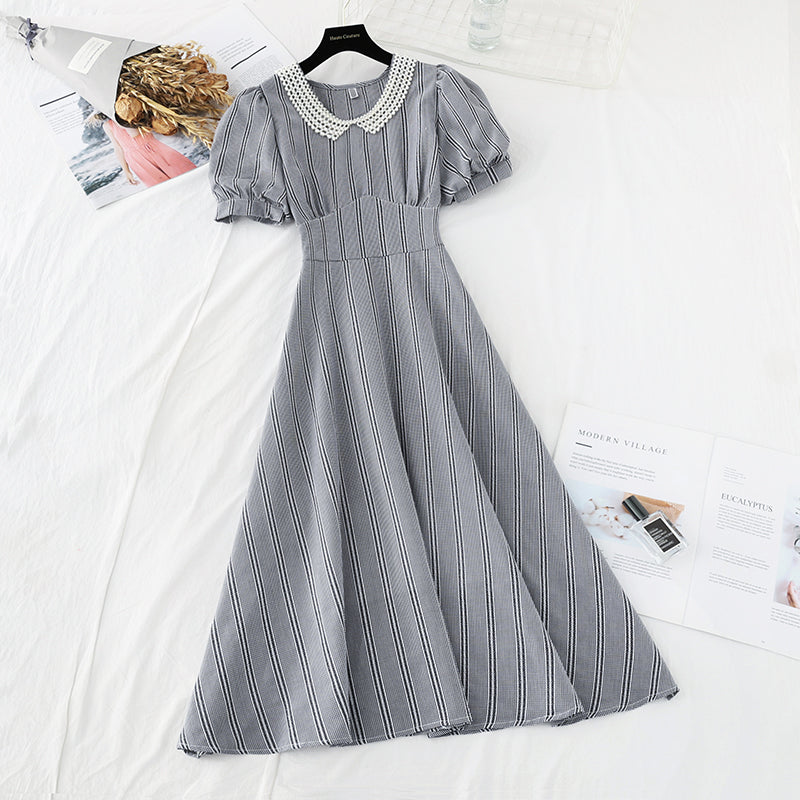 Pearl doll collar temperament goddess style waist slim French dress 4200