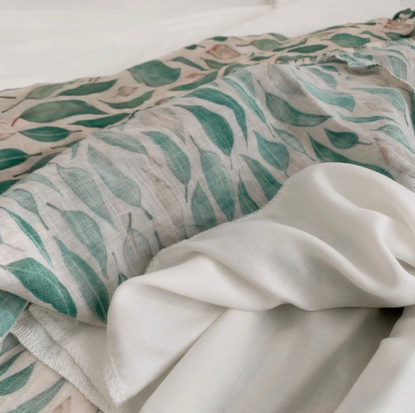 High sense ,Literary style, silk ramie, blended leaf printed A-line skirt 3635