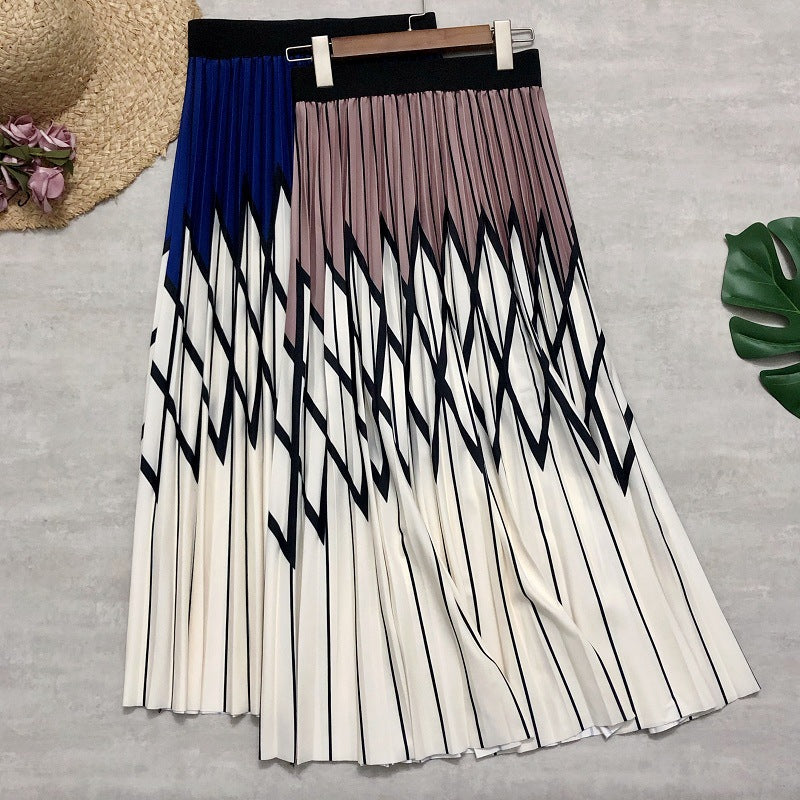 Spring/summer skirt, rhomboid print pleated skirt, high waist, striped patchwork 3675