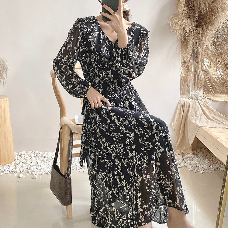 Retro High Waist over knee thin Chiffon Dress 3882