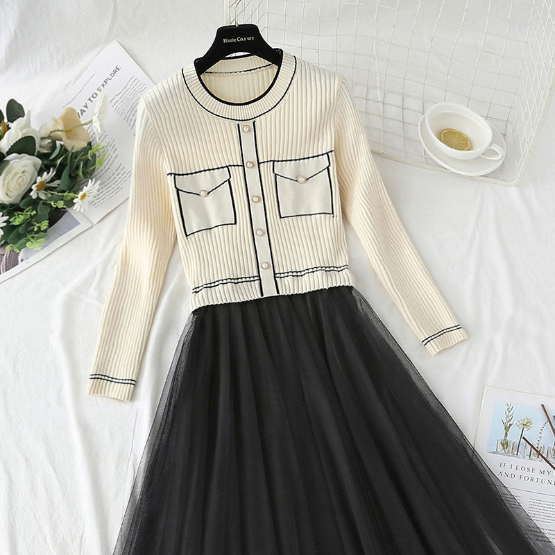 Crew neck knit stitched dress temperament mesh 4413