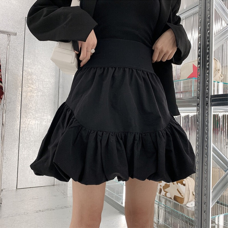 Splicing bubble flower bud cloud skirt, spring skirt, high waist A-line skirt 3666