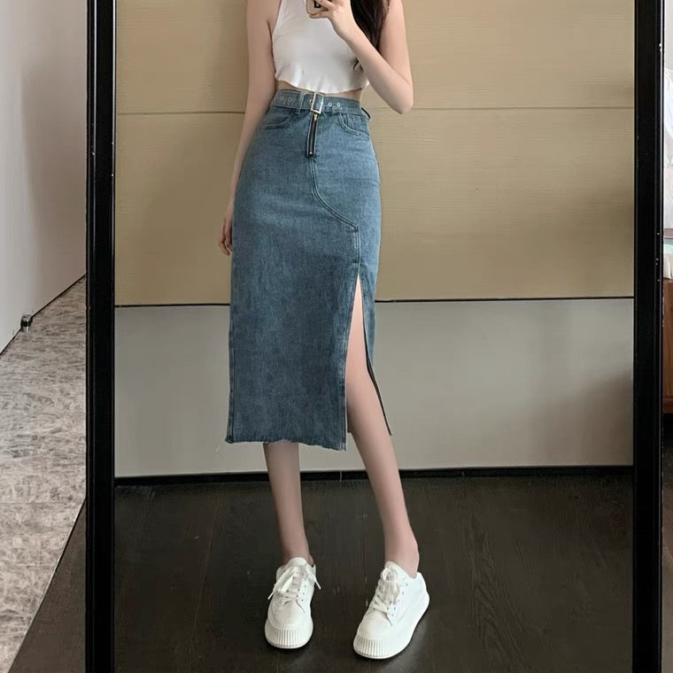 Split denim skirt, high waist, temperament bodycon skirt 3571