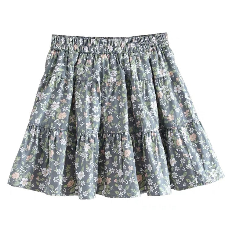 New style, cotton and linen, small fresh, A-line pleated skirt, floral skirt 3584